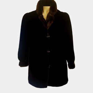Vintage BORGAZA Jet Black Faux Fur Coat M With Contrasting Trim On Collar &Cuff